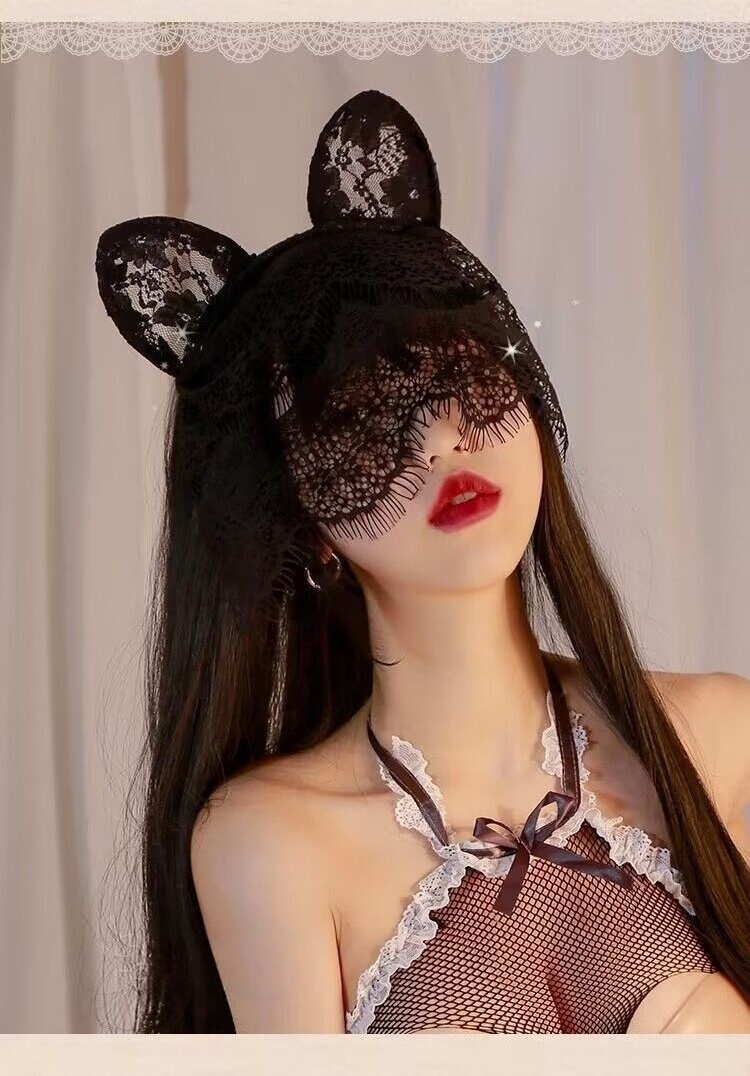 Black Lace Cat Ears Veil Mask Gothic Masquerade Costume Headpiece